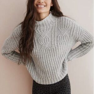 Aerie Cable Knit Mock Neck Sweater in Light Heather Gray - Size Small